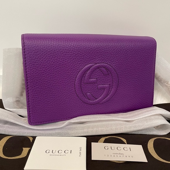 Gucci Handbags - GUCCI 407041 Pebbled Calfskin Soho Wallet on Chain Crossbody Purple